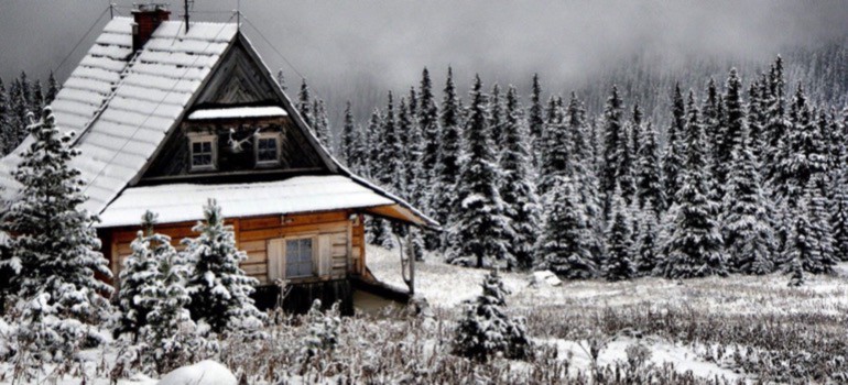 winter cabin in the woods at night